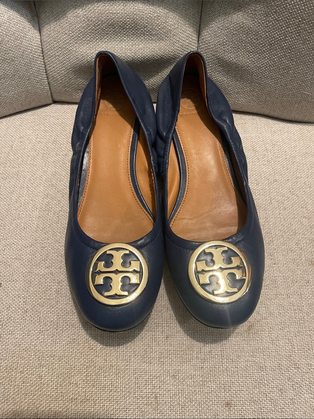 Tory Burch Navy Leather Logo Ballet Flats with Gold Medallions